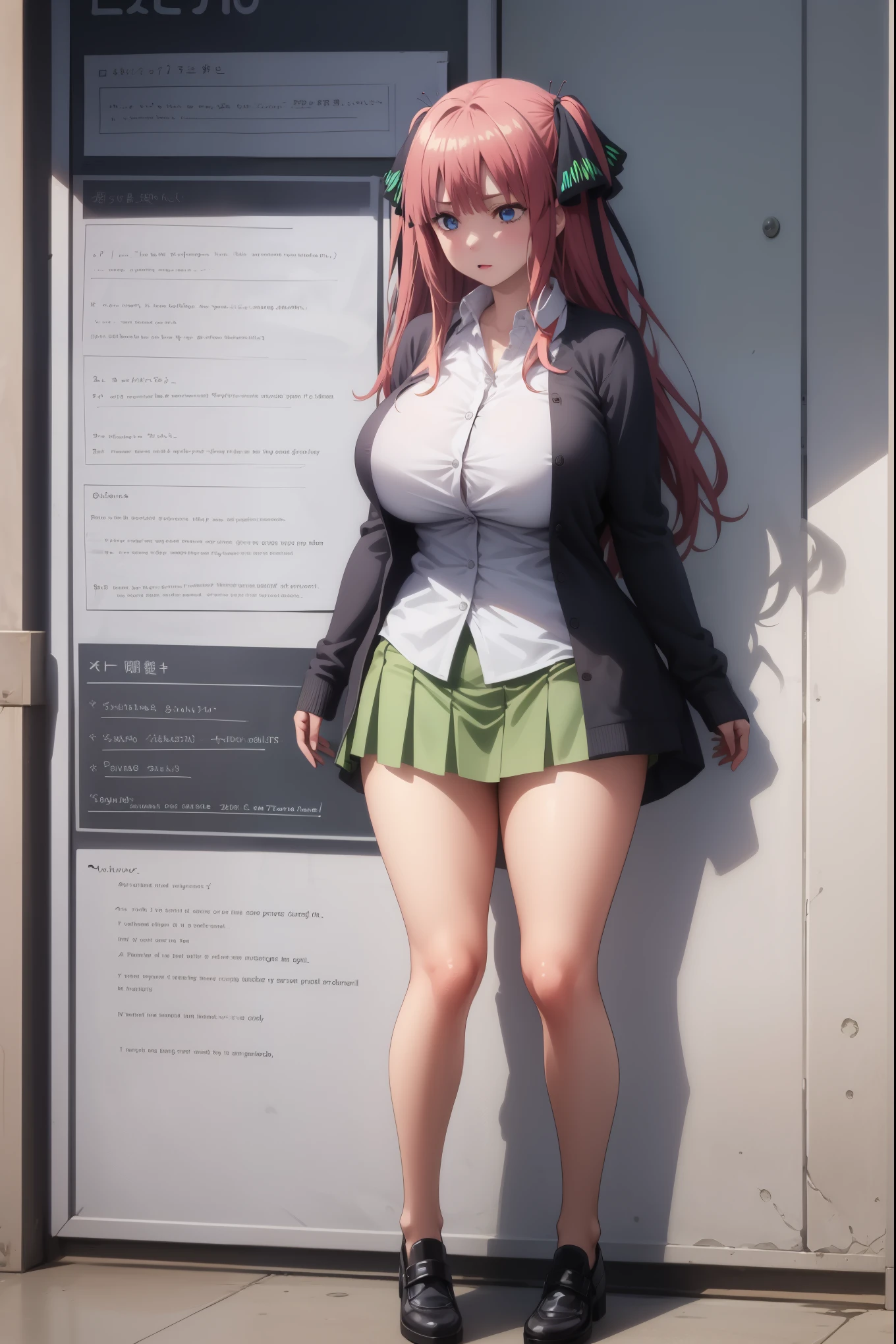 girl, solo, full body, from head to toe, standing, (Huge_Breasts:1.3), short skirt, mini skirt,
Character Design Sheet, character reference sheet, character turn around,
nino nakano, long hair, bangs, blue eyes, hair ornament, hair ribbon, pink hair, blunt bangs, two side up, butterfly hair ornament,
skirt, shirt, long sleeves, white shirt, pleated skirt, open clothes, collared shirt, sleeves past wrists, dress shirt, cardigan, green skirt, open cardigan, black cardigan,