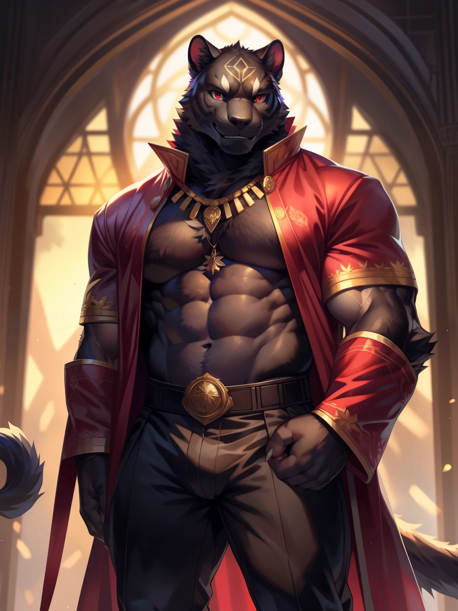 solo,anthro,furry,furry male, Panther, ((fluffy fur,fluffy,furry body)), (black fur, Panther), (black body), big muscles, red eyes, decorative coat, long hair, short hair, detailed fluffy fur, black chest, detailed face, detailed eyes, decorative black coat, fur collar, gold accessory, necklace, red sleeves, uniform, slack pants, black stripes, detailed chest, detailed abs, black slack pants, decorative coat, gold trimmings, tail accessory, panter tail, full body, claws, fantasy grand monastery, red undershirt, (by null-ghost,by raccoon21, masterpiece, high quality,hi-res,8k had), standing pose,close-view portrait, looking at viewer, indoor, lights, serious expression, grin, smirk,