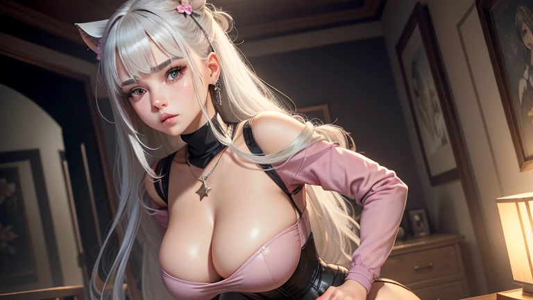 1girl, tmasterpiece,best qualtiy,highly detailed,cinmatic lighting,Ray traching,available light,cinematic compositions,CG,GameCG,bluntbangs,extremely detailed eyes and face,s the perfect face,shiny skins,largeeyes,looking at viewert,big breasts beautiful,Very long hair,UHD,8k,light grey hair,(GameCG),Pink eyeshadow,crewneck,crewneck,Big breasts corset,mediuml breasts,slimification,Oval shaped face,鎖骨, Star necklace, pink flowers that, skintight jeans,1girll,mediuml breasts, long whitr hair, By bangs, hair straight, vests, exteriors, watered eyes, butterfly hair ornaments, Star necklace, back to look back