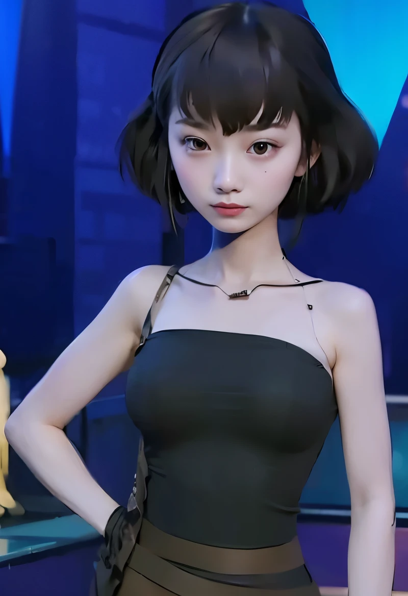 Beautiful asian woman, short hair, black dress