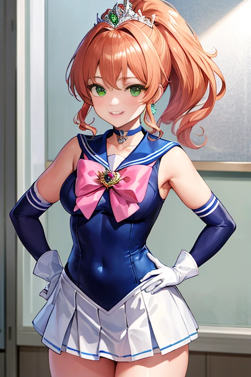 masterpiece, best quality, highres, hmjupiter, green eyes, ponytail, tiara, jewelry, sailor senshi uniform, green sailor collar, choker, elbow gloves, white gloves, pink bow, brooch, leotard, green skirt, cowboy shot, smile, 1990s \(style\), hand on hip,