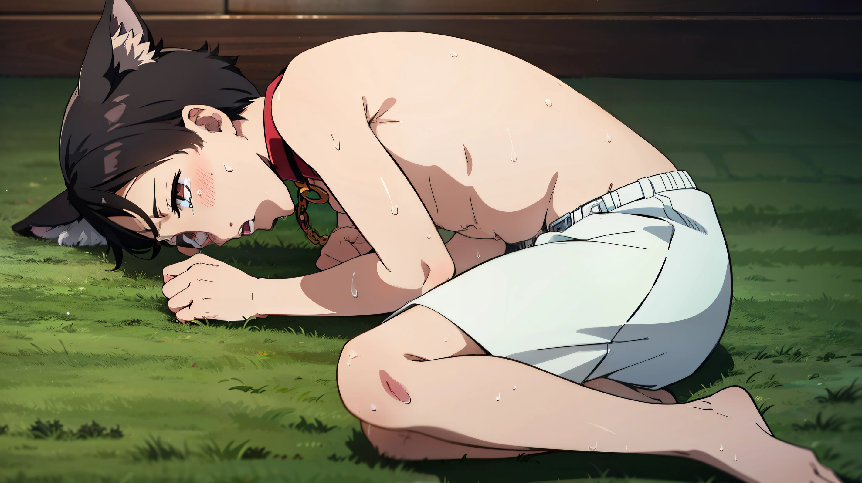 Highres, Masterpiece, Best quality at best,Best Quality,hight quality, hight detailed, 1boy, Shota, Dog ear, Shirtless, Cry, Sweat, Crawl on the floor, Collar, Seen from side, (young boy), s