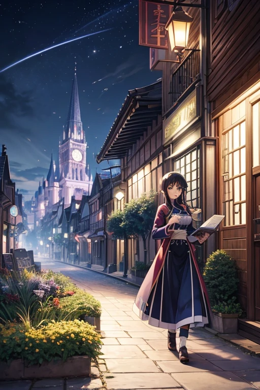 Animation scene of a woman walking on the street with blue arches, leaflet, megumin from leaflet, popular Different world anime, Bustling magic town, aromatic, In front of a fantastic city, Screenshot of black clover, Anime background main vision, leaflet anime style, Different world, town in background