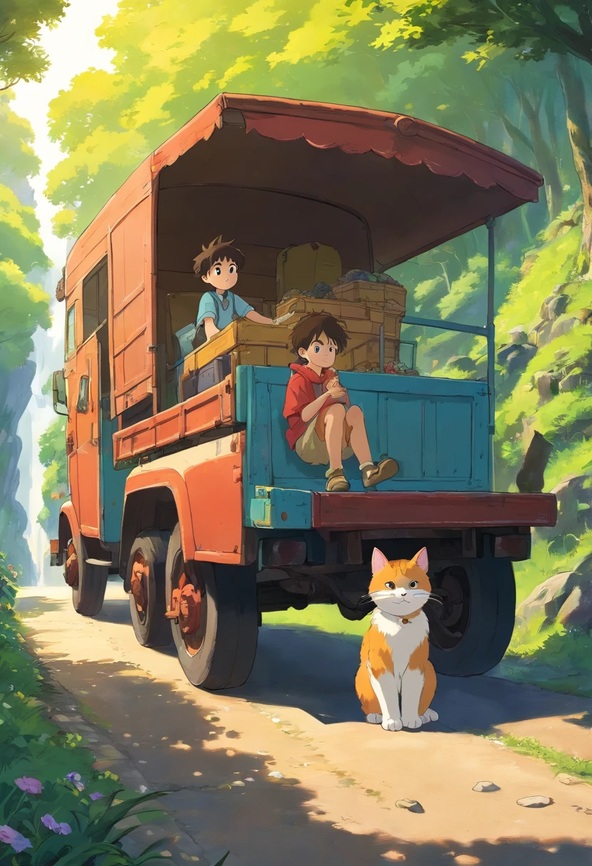 Little boy with his cat, excentrique, who searches for precious stones, assis dans un camion sur une grande route, Brightness Clear dark. lost treasure. 
