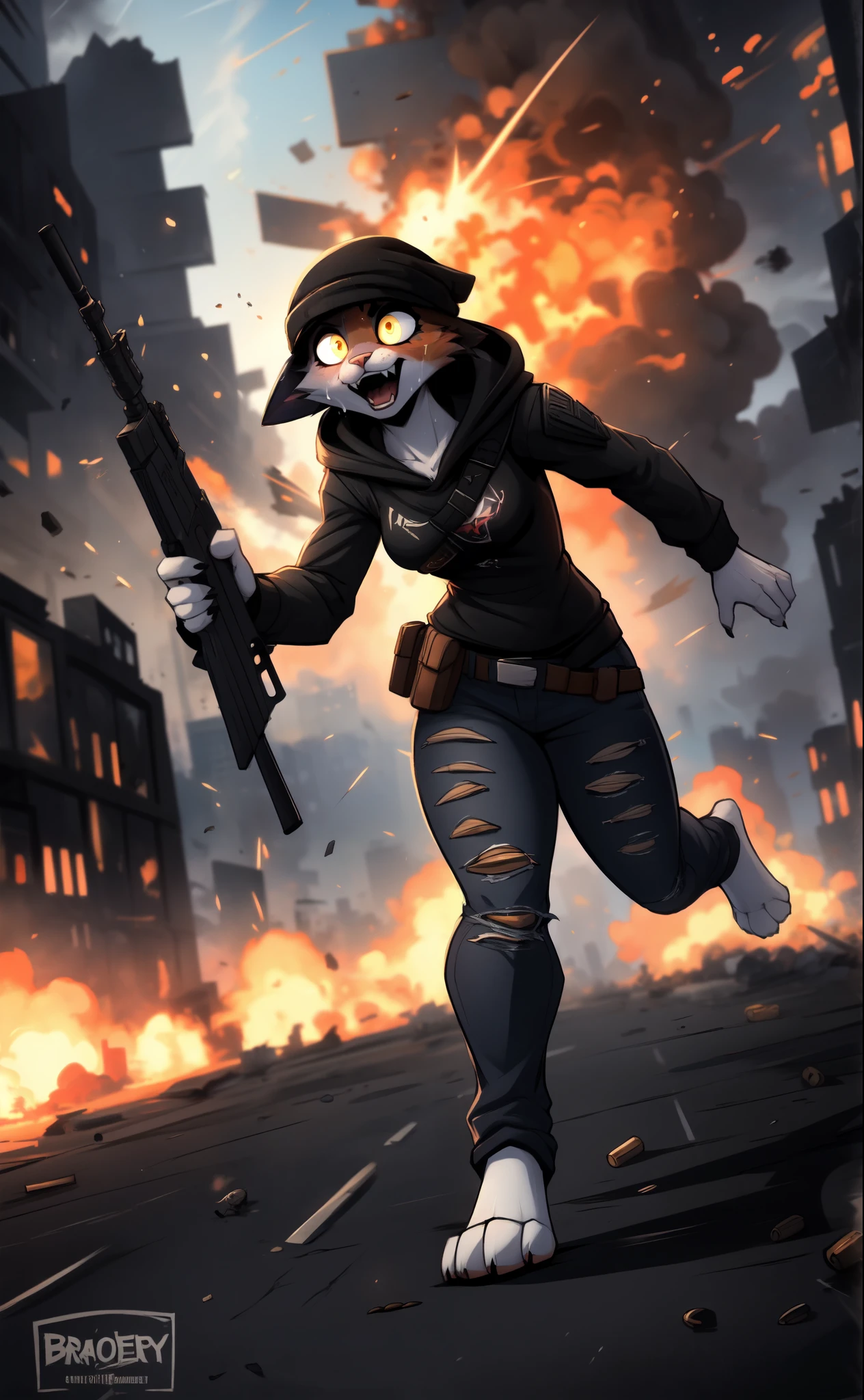 By black-kitten, by zackary911, by azoomer, by braeburned, Meow skulls, Fortnite, female, small breasts, barefoot, two toned fur, holding a hunting rifle, running, scared, raised eyebrows, wide eyed, mouth open, sweating,  mouth open, wearing ripped skinny jeans, black hoodie, ammo belt on torso, black beanie, running towards viewer, bullets flying past her, in a war torn city, explosions everywhere, buildings exploding, explosions:2