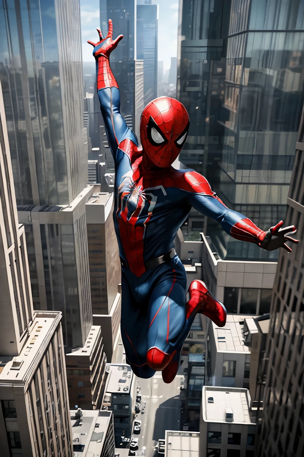 A three year old boy, dressed in a mini Spiderman costume, excitedly jumps from the edge of a towering skyscraper with an AR 16:9 ratio (aspect ratio). The boy's spider-like pose is full of determination and joy as he swings his arms and legs, ready to land on the next building. The scene is captured in stunning detail with a highly realistic, photo-realistic rendering (s2). The boy's facial features, clothes, and even the textures on Spiderman's suit are meticulously depicted, showcasing the illustrator's mastery of the craft. The dynamic angle of the illustration adds to the sense of