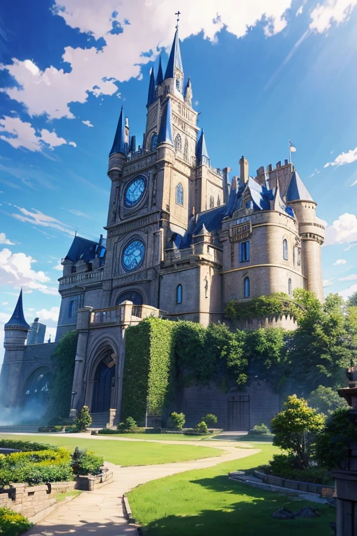 Cartoon scene of a large building with a blue roof and clock, magical castle school on a hill, Madhouse studio anime style, Far away royal steampunk castle, Different world, popular Different world anime, palace background, anime background art, leaflet, Rune Factory 5 art style, screenshot of animation, huge mansion, small town background