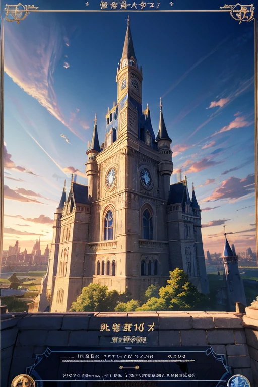 Cartoon scene of a large building with a blue roof and clock, magical castle school on a hill, Madhouse studio anime style, Far away royal steampunk castle, Different world, popular Different world anime, palace background, anime background art, leaflet, Rune Factory 5 art style, screenshot of animation, huge mansion, small town background
