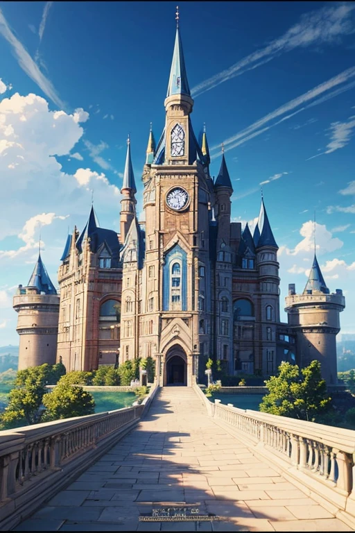 Cartoon scene of a large building with a blue roof and clock, magical castle school on a hill, Madhouse studio anime style, Far away royal steampunk castle, Different world, popular Different world anime, palace background, anime background art, leaflet, Rune Factory 5 art style, screenshot of animation, huge mansion, small town background