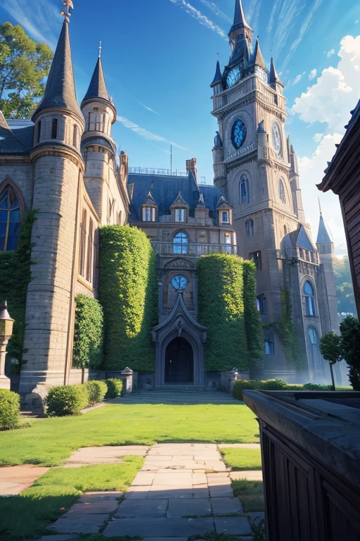 (a large building with a blue roof and a clock)anime scene, a magical castle school on the mountain, a madhouse studio in anime style, a faraway royal steampunk castle, a fantasy world, popular isekai anime, a palace background, anime background art, small leaves, Rune Factory 5 art style, screenshot from an animated movie, a huge mansion, a small town background.