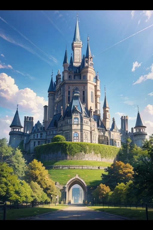 A large anime scene with a blue-roofed building and a clock, a magical castle school on the mountain, an insane asylum studio with an anime style, a distant royal steampunk castle, a fantasy world, popular isekai anime, a palace background, anime background art, small leaves, Rune Factory 5 art style, a screenshot from an animated movie, a huge mansion, a small town background