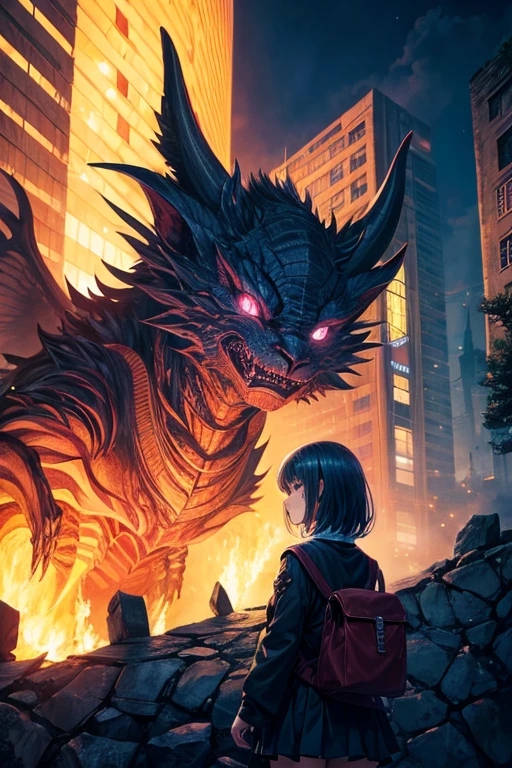 anime girl in front of a demonic building, illustration medium, vibrant colors, ultra-detailed, realistic style:1.37, fantasy creatures, nighttime scene, warm color tone, masterpiece.