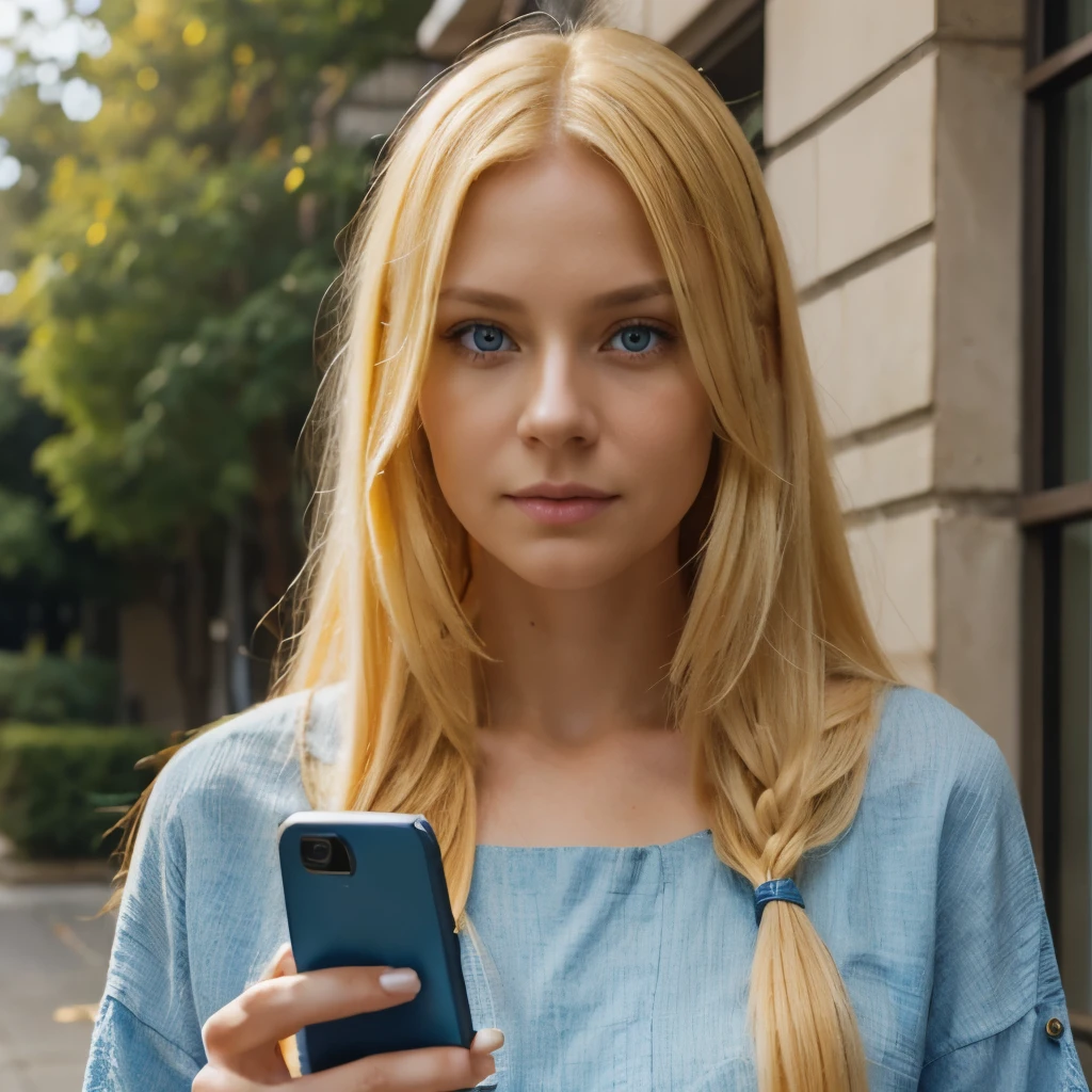 A girl with long yellow hair and blue eyes a perfect mature and responsible appearance holding her cell phone in her hand 