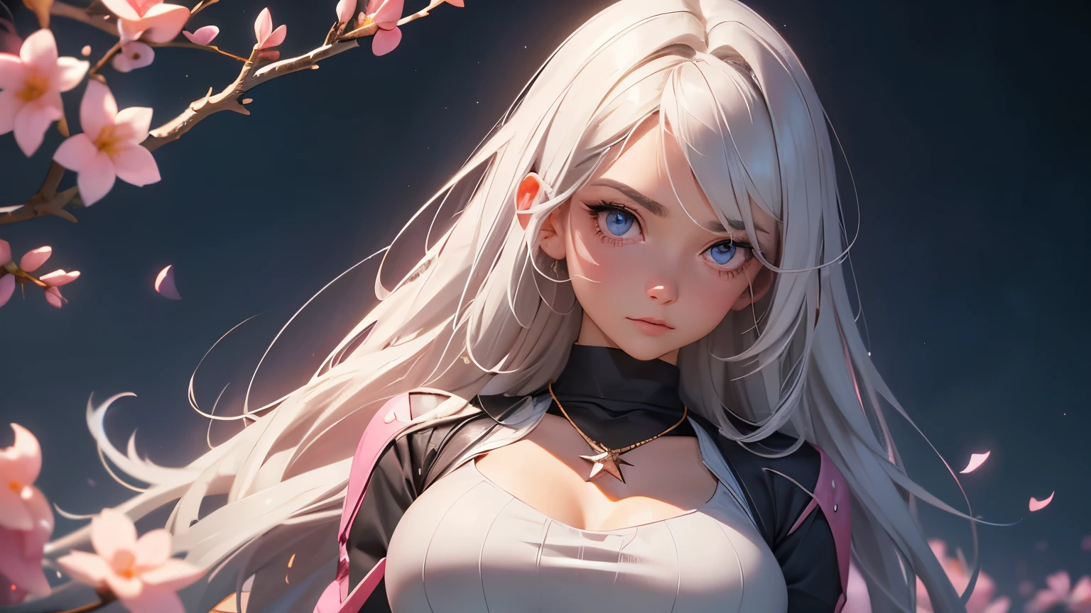 1girl, tmasterpiece,best qualtiy,highly detailed,cinmatic lighting,Ray traching,available light,cinematic compositions,CG,GameCG,bluntbangs,extremely detailed eyes and face,s the perfect face,shiny skins,largeeyes,looking at viewert,big breasts beautiful,Very long hair,UHD,8k,light grey hair,(GameCG),Pink eyeshadow,crewneck,crewneck,Big breasts corset,mediuml breasts,slimification,Oval shaped face,鎖骨, Star necklace, pink flowers that, skintight jeans,1girll,mediuml breasts, long whitr hair, By bangs, hair straight, vests, exteriors, watered eyes, butterfly hair ornaments, Star necklace, back to look back
