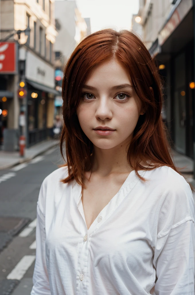 1girl, cute girl, red hair, black eyes, city street background, soft natural light, white shirt, portrait