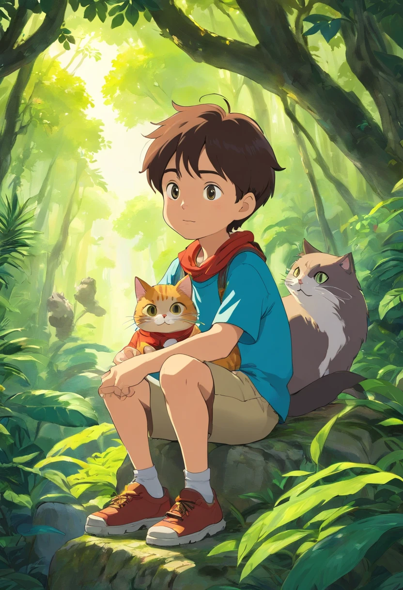 Little boy with his cat, excentrique, who searches for precious stones, assis dans des arbres, Jungle. Brightness Clear dark. buried treasure.