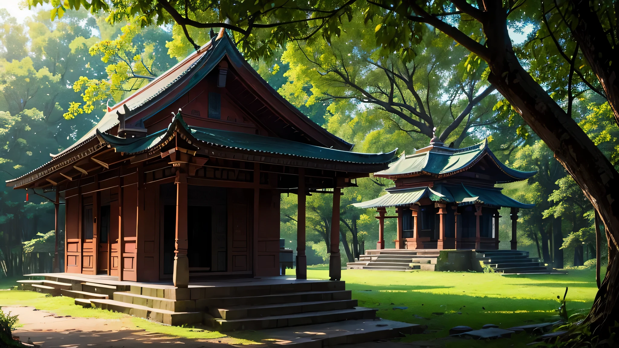 old indian style small temple inside a green forest, morning, front of many tree