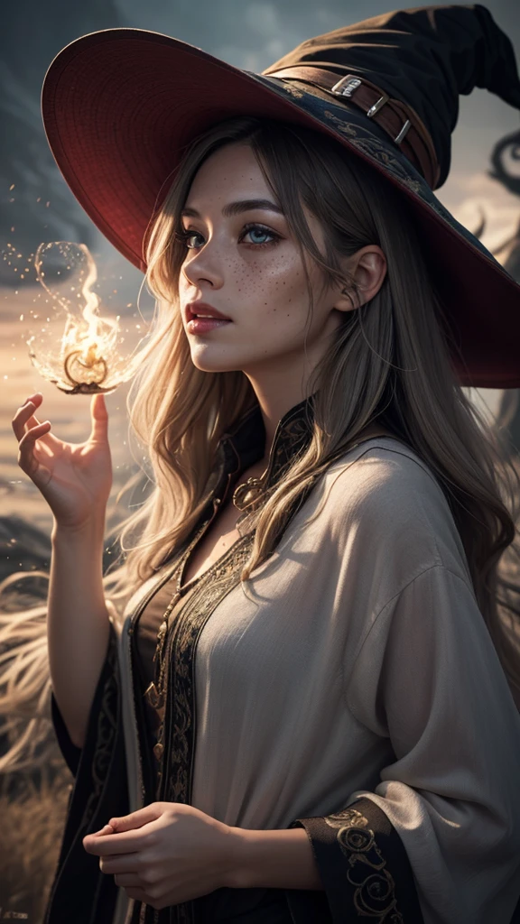 photorealistic, 35mm, intricate details, hdr, intricate details, hyperdetailed, natural skin texture, hyperrealism, sharp, 1 girl, adult (elven:0.7) woman, freckles, grey eyes, chestnut layered hair, portrait, looking down, solo, half shot, detailed background, witch hat, witch, magical atmosphere, hair flowing in the wind, red trimmed light colored clothes, whirlwind of swirling magic spell in the air, dark magic, (style-swirlmagic:0.8), floating particles,