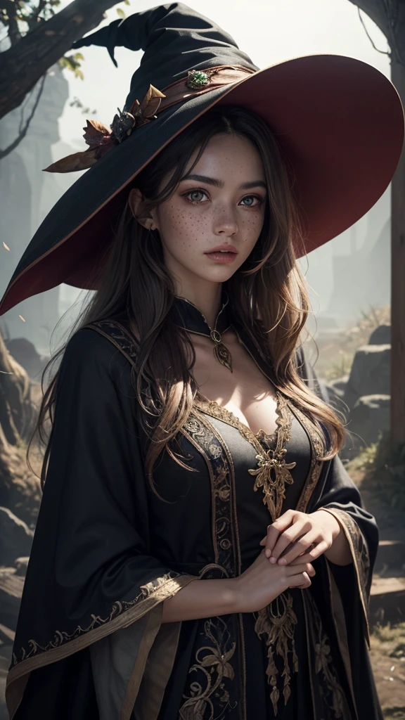 photorealistic, 35mm, intricate details, hdr, intricate details, hyperdetailed, natural skin texture, hyperrealism, sharp, 1 girl, adult (elven:0.7) woman, freckles, grey eyes, chestnut layered hair, portrait, looking down, solo, half shot, detailed background, witch hat, witch, magical atmosphere, hair flowing in the wind, red trimmed light colored clothes, whirlwind of swirling magic spell in the air, dark magic, (style-swirlmagic:0.8), floating particles,