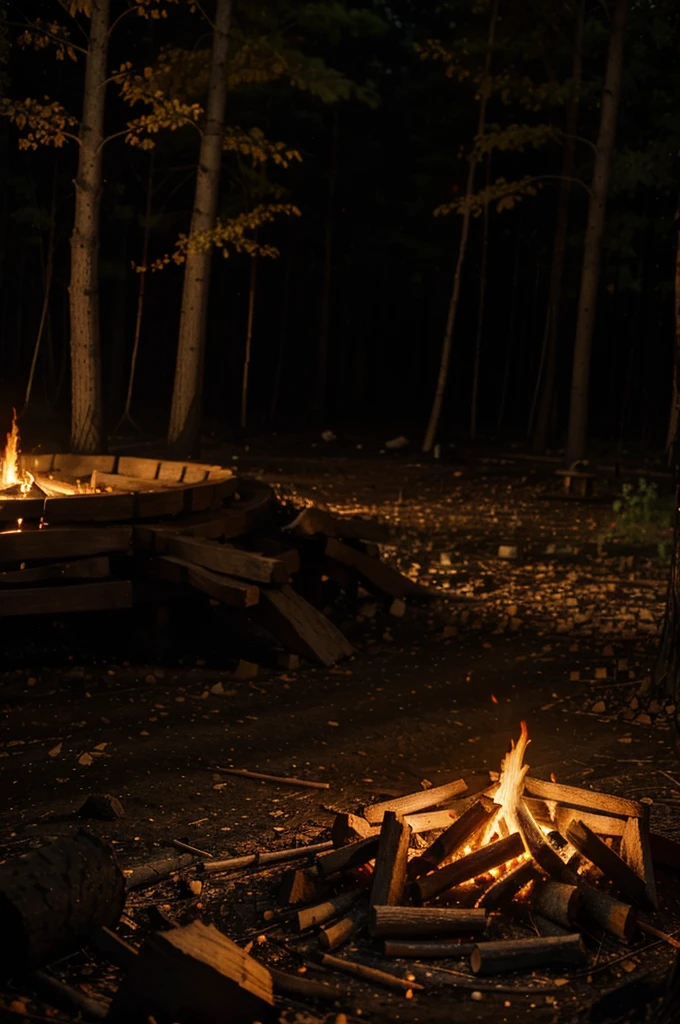 fire burning the wood, lots of fire, camp fire, flames from the wood, glowing fire, night time, fire lighting, depth of field, masterpiece, photo-realistic, super detail, forest in background