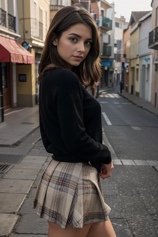 An attractive woman in her twenties., Fair-skinned, natural, sin maquillaje, in a plaid skirt and a close-Fitting black sweater, en la calle, imperFections naturalles, yeux couleur noisette, Lush light brown hair, Faible proFondeur de champ pour souligner le sujet, Taken using a Canon EOS R camera with a 50mm F/1.8 lentejas, F/2.2 oberturas, shutter speed 1/200s, ISO 100 y luz natural, todo el cuerpo, Hyperrealistic photography, cinetic, cine, hiperdetalle, ultrahd, Color correction, ultrahd, HDR, Escala de colores, 8k – with 4:5 –g 2 –v 4", ella tiene senos y culo grande, no es delgada, hace ejercicio, senos grandes, posando coqueta, on your back looking back