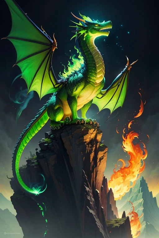 Green dragon with flaming wings exhales fire on top of a cliff. The Flaming Dragon breathes fire, volcanes, respirando fuego. energy elements, aura, Onda, particles, and harmony.