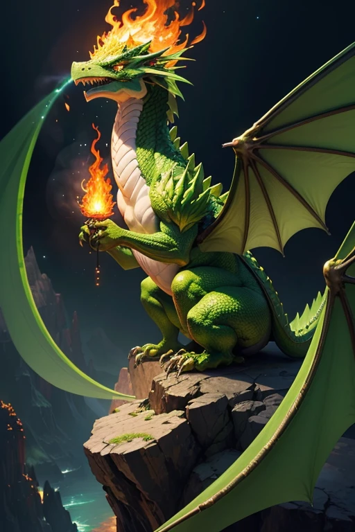 Green dragon with flaming wings exhales fire on top of a cliff. The Flaming Dragon breathes fire, volcanes, respirando fuego. energy elements, aura, Onda, particles, and harmony.