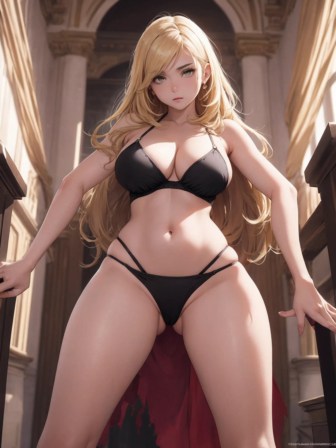 (obra maestra, Calidad superior, Mejor calidad, Arte oficial, hermoso y estetico:1.2), mujer rubia , pelo largo rubio , rubia , cuerpo completo , grandes tetas, tetas gigantes, gran trasero, gigante trasero , voluptuoso, piernas abiertas , pose sexy , escote , transparent lingerie , tacones negros , ajustado , sexy , peson  , centro de la pantalla, mirando al espectador , ubicado centro, NSFW, (cara detallada:1.2), (ojos detallados:1.2), mar, playa , bikini transparente, bikini 