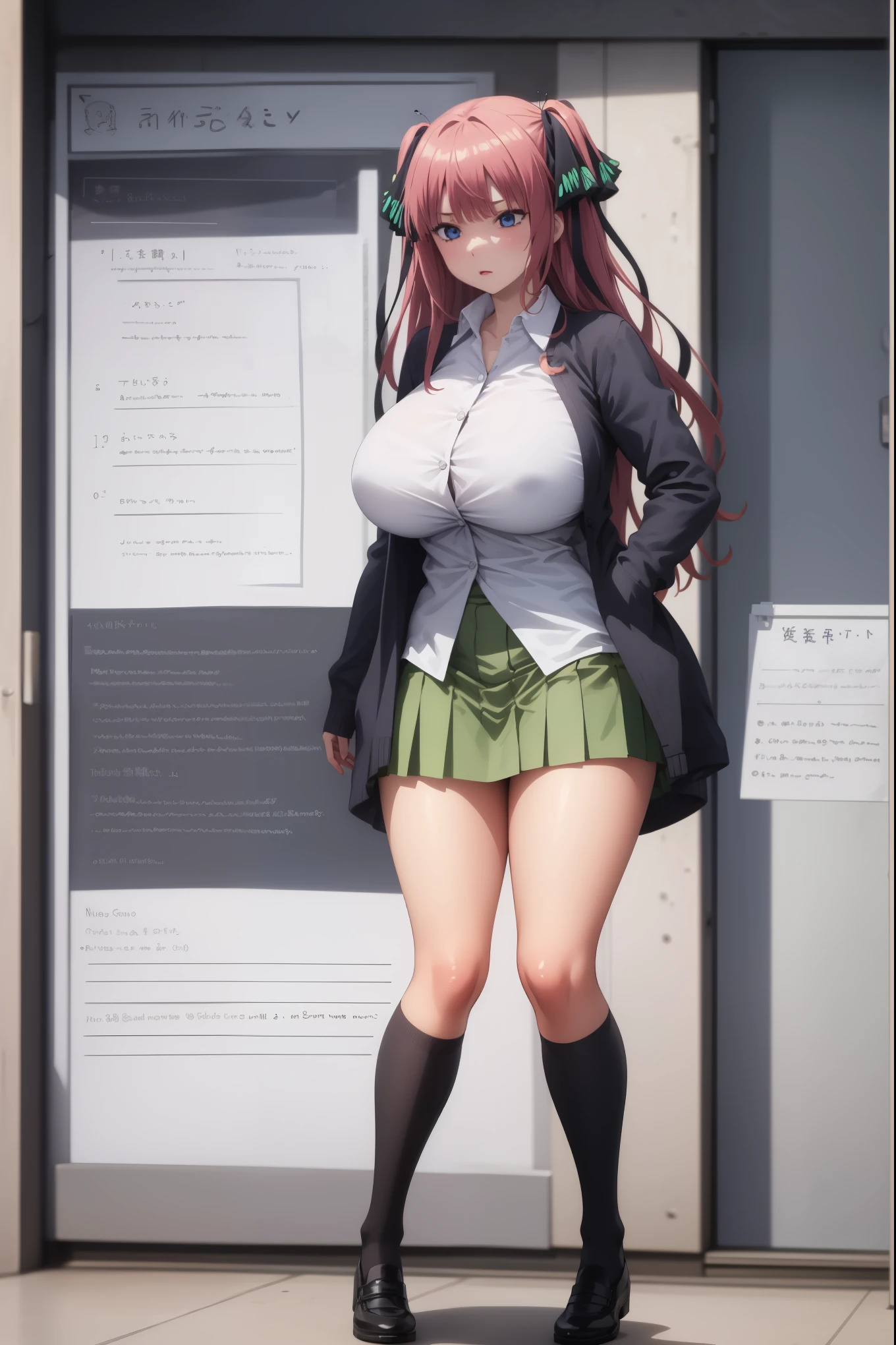 girl, solo, full body, from head to toe, standing, (Huge_Breasts:1.3), short skirt, mini skirt,
Character Design Sheet, character reference sheet, character turn around,
nino nakano, long hair, bangs, blue eyes, hair ornament, hair ribbon, pink hair, blunt bangs, two side up, butterfly hair ornament,
skirt, shirt, long sleeves, white shirt, pleated skirt, open clothes, collared shirt, sleeves past wrists, dress shirt, cardigan, green skirt, open cardigan, black cardigan, thigh-highs