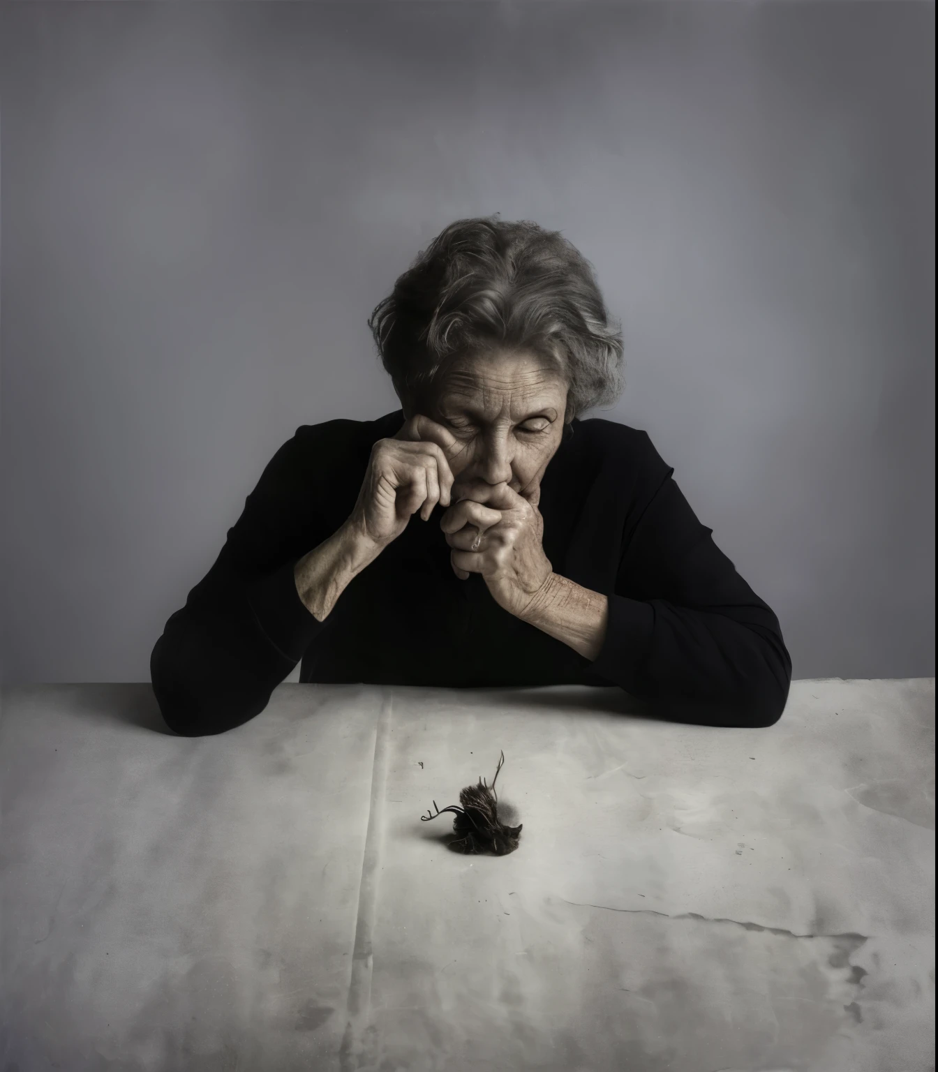 there is an old woman sitting with her elbows on a table, the old woman is dressed in black, the roots of the passage of time, sad look towards a dead bird on a table by Santiago Martinez Delgado, a still life by Susan Weil, featured in cg society, art photography, studio photography, studio portrait, surrealist, by Jan Kupecký, by Francesco Raibolini, by Alessandro Allori, Elderly woman, by Mathias Kollros, by Giuseppe Grisoni, photography alexei kurylev, fragile, flora borsi