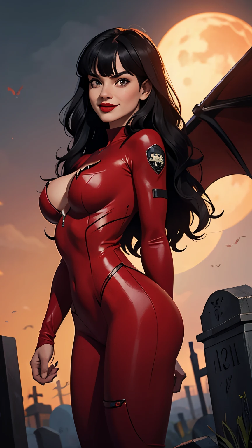 Woman, white skin, green eyes, black hair, wavy hair, straight hair, bangs, long hair, windy hair, cemetery at night, blood in the mouth, red body suit, red boots, with large bat wings on the back, terror , deep neckline, pronounced nipples, smiling, looking at the camera, red lips, athletic, bats in the sky, terrifying atmosphere, frontal shot.