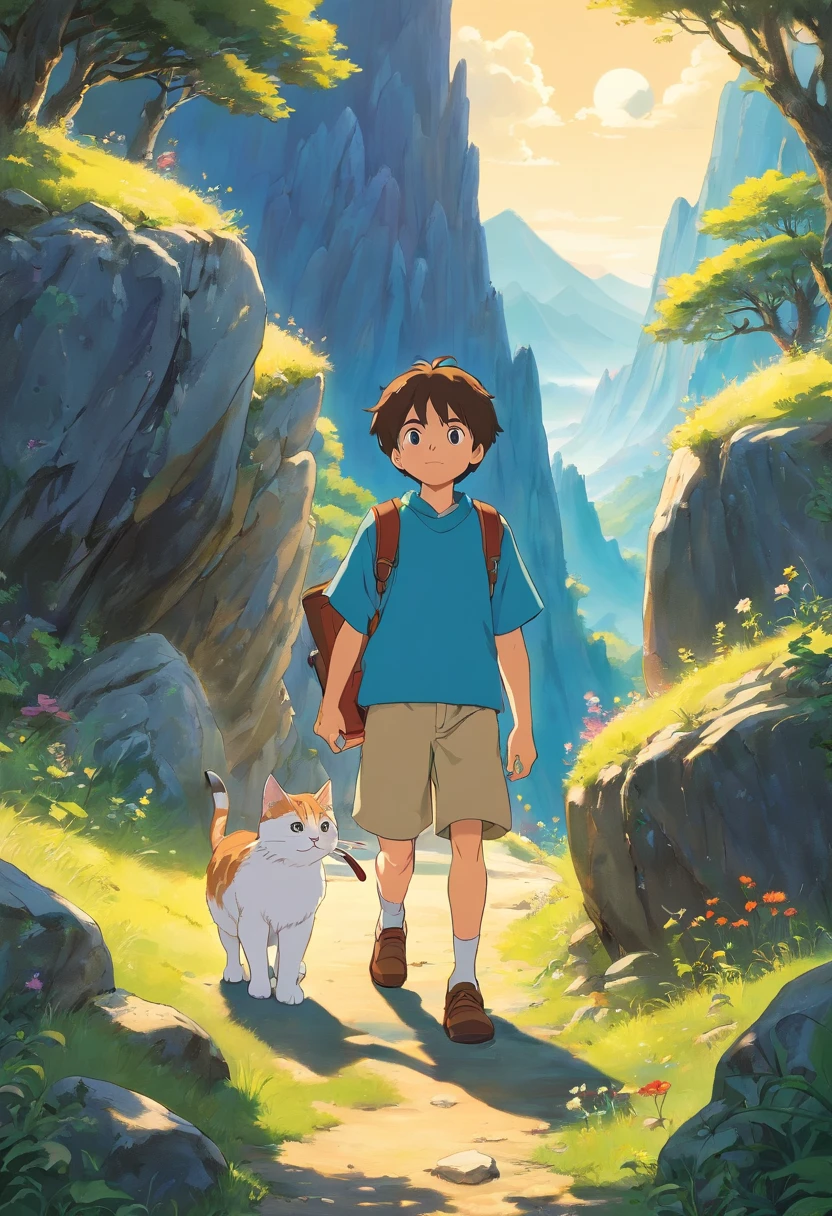 Little boy with his cat, excentrique, who searches for diamonds in the mountains. Brightness Clear dark. lost treasure.