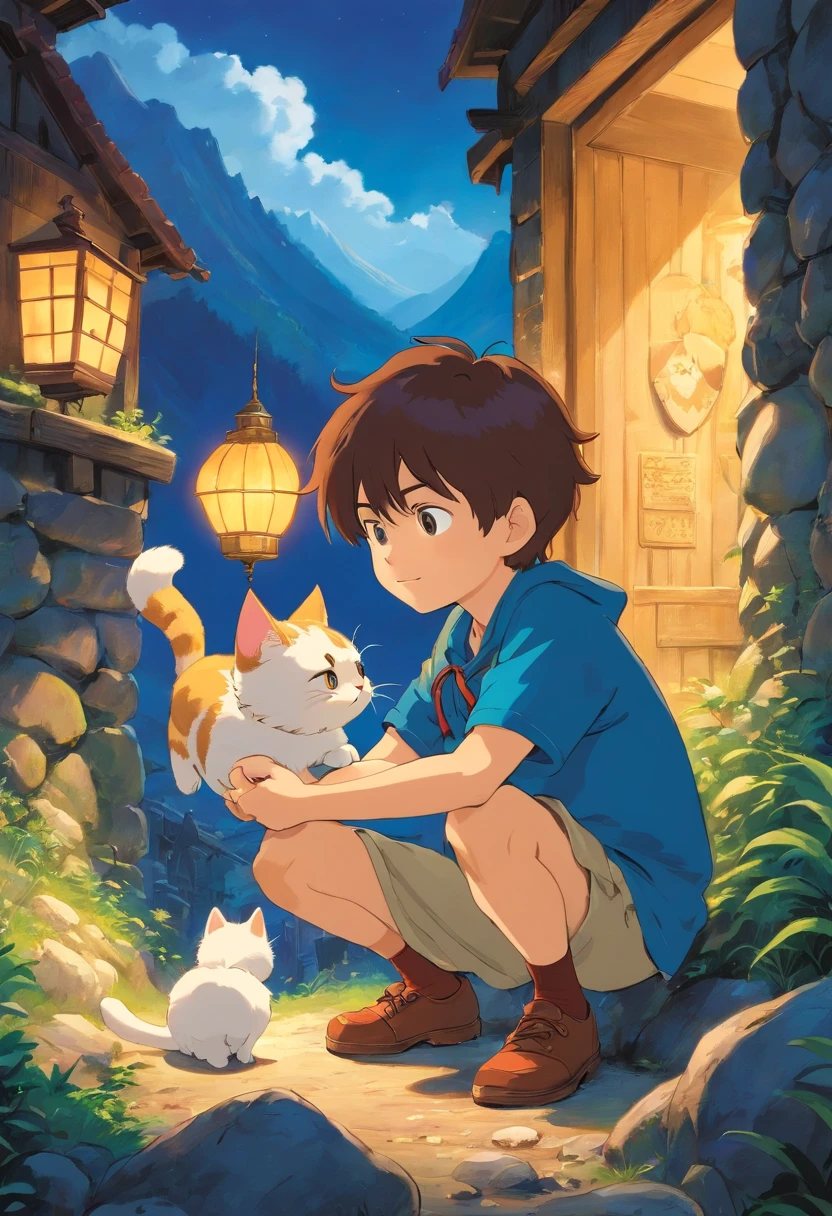 Little boy with his cat, excentrique, who searches for diamonds in the mountains. Brightness Clear dark. lost treasure.