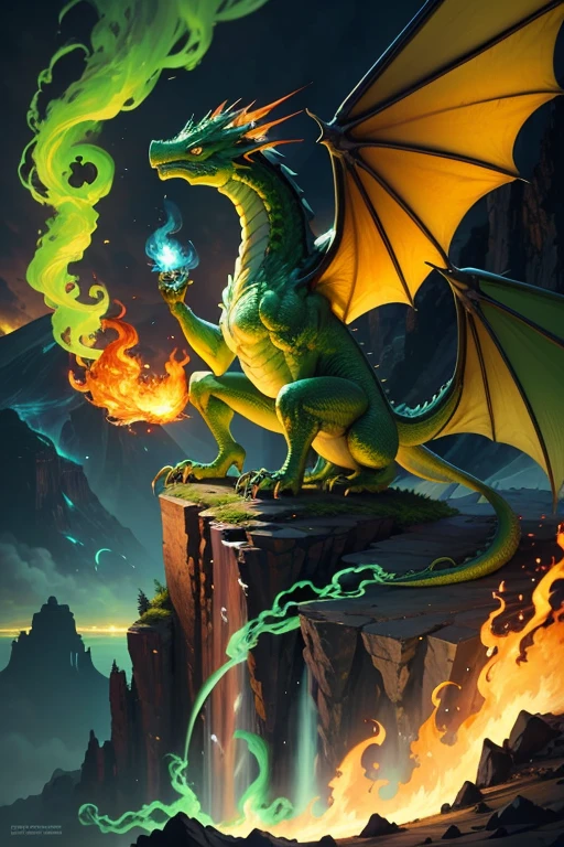 Green dragon with flaming wings exhales fire on top of a cliff. The Flaming Dragon breathes fire, volcanes, respirando fuego. energy elements, aura, Onda, particles, and harmony.