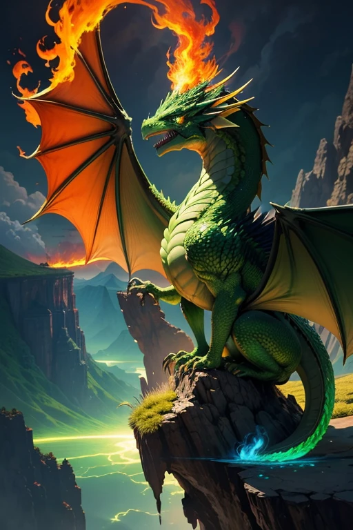 Green dragon with flaming wings exhales fire on top of a cliff. The Flaming Dragon breathes fire, volcanes, respirando fuego. energy elements, aura, Onda, particles, and harmony.