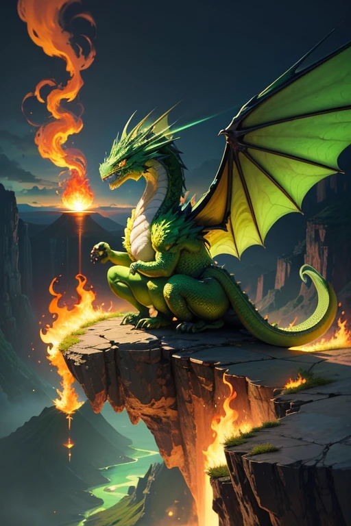 Green dragon with flaming wings exhales fire on top of a cliff. The Flaming Dragon breathes fire, volcanes, respirando fuego. energy elements, aura, Onda, particles, and harmony.