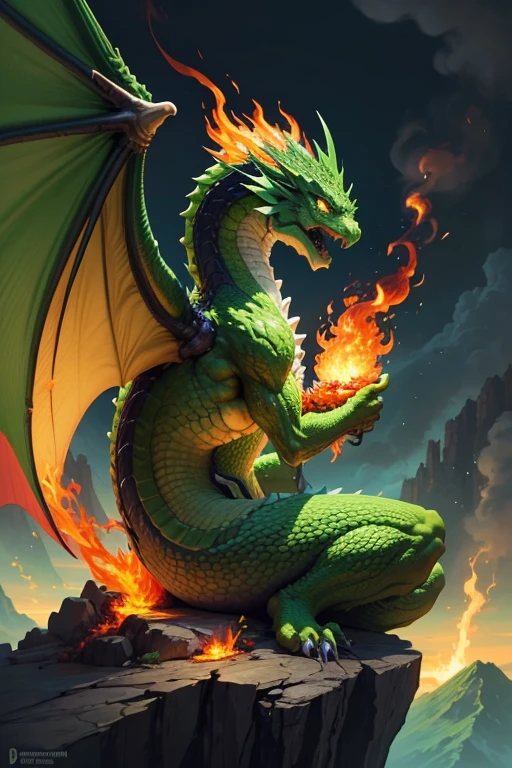 Green dragon with flaming wings exhales fire on top of a cliff. The Flaming Dragon breathes fire, volcanes, respirando fuego. energy elements, aura, Onda, particles, and harmony.