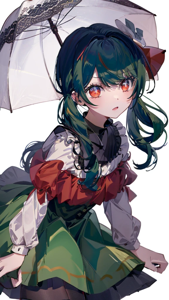 Deep green hair、red eyes、****ta、Cute umbrella、beautiful decoration、fantasy、above the sky、Grains of light、ribbon、white background、simple background