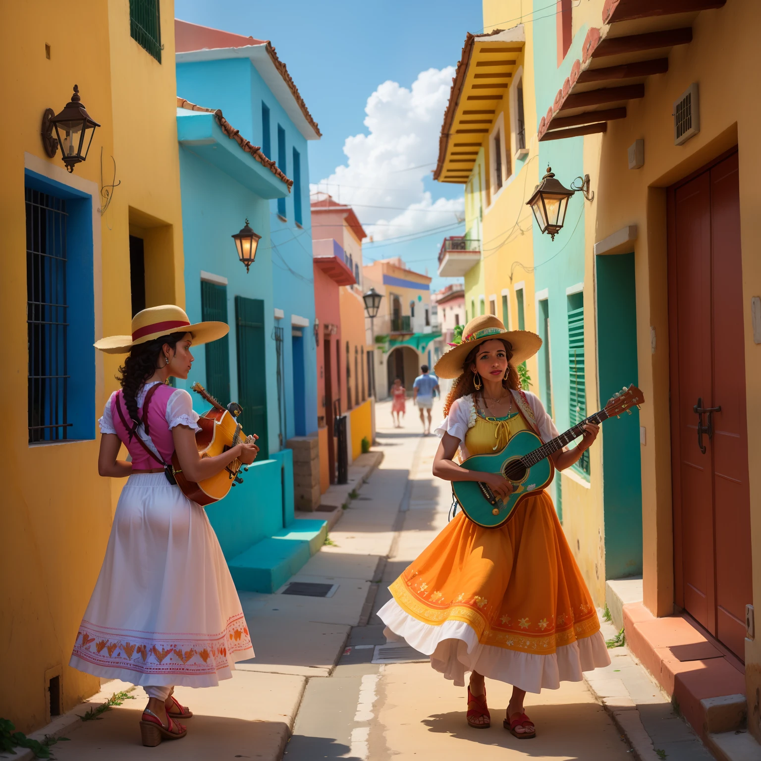 Puerto Rico and Cuba, united in harmony, form a vibrant and colorful Caribbean tableau. The clear, turquoise waters of the sea gently lap against the shores of both islands, merging their borders as one. Village houses with red tile roofs and pastel exteriors line the streets, their vibrant hues reflecting the warm sunlight.
People from all walks of life come together in the public squares, dressed in bright and traditional attire. Musicians play lively salsa rhythms on their instruments, their melodies carrying through the air and uniting the hearts of the people. A festive atmosphere fills the streets, as the rich cultural heritage of Puerto Rico and Cuba