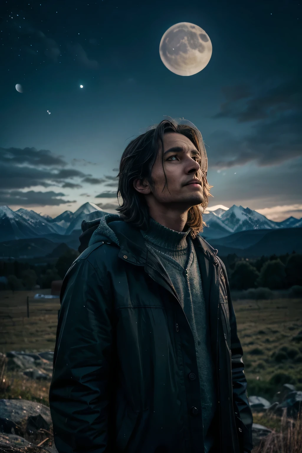 person with distressed appearance looking at the sky and looking forward, starry with a bright moon in a natural setting with mountains. Imagem ultrarrealista de 8k