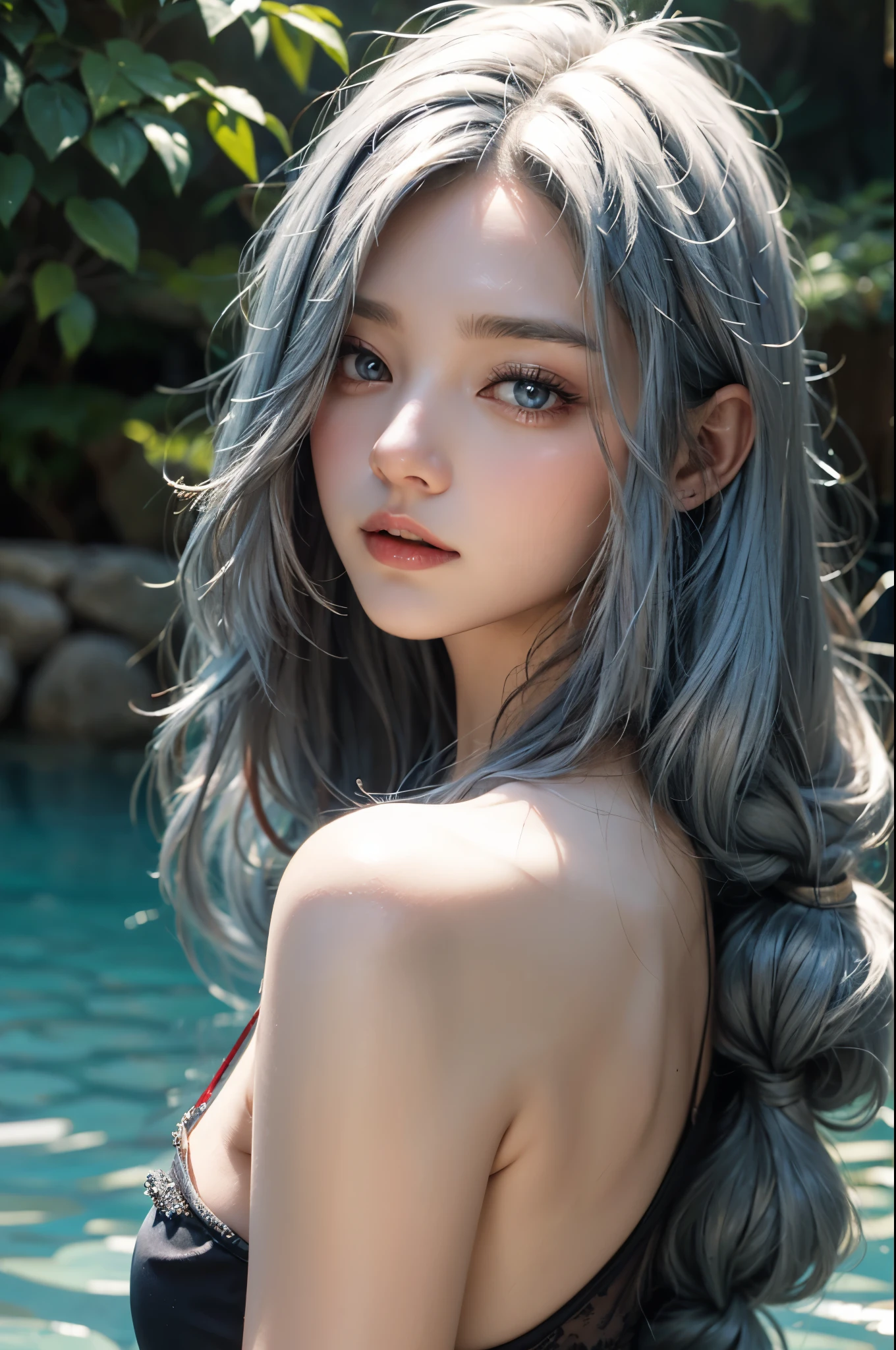 Swimming in the water, the white-haired woman, *Shenhe's icy eyes softened slightly as he carefully observed your expression, confirming that you were completely comfortable with this feeling

 While swimming in clear water 