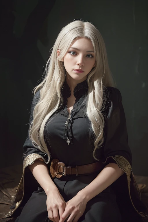 (front focus),(in the dark:1.6), Hyperrealist portrait of female by david hockney and alphonse mucha,fantasy art, photo realistic, dynamic lighting, artstation, poster, volumetric lighting, very detailed faces, 4 k, award winning,, 1girl, in the dark, deep shadow, low key,cowboy shot,(official clothing:1.4) ,long hair,white hair,