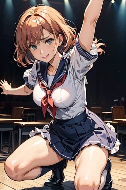 Idol,With a round face,A smile that makes people happy,Classroom desk in background,And windows,(((Intense dance motion:1.3))),(Big rhythmic dance with outstretched hands:1.3),(((Dance that emphasizes breasts:1.3))),(Stand up and raise one knee:1.3),Add a motion blur effect to simulate motion,(Dynamic and sexy dance poses),(leaning forward:1.3),((( sailor suit))),big and full breasts,Disturbance of clothing due to movement,(Dark blue ruffled skirt floating with dance moves:1.3),red ribbon,short wavy hair with shiny silver and orange stripes,messy hair,floating hair,look at the viewer,(professional lighting),(In 8K,table top,highest quality,Ultra high resolution output image,),(intricate details,),(From Image Mode to Ultra HD),beautiful hands,beautiful fingers,Detailed functions of fingers,Detailed clothing characteristics,Detailed characteristics of hair,detailed facial features,