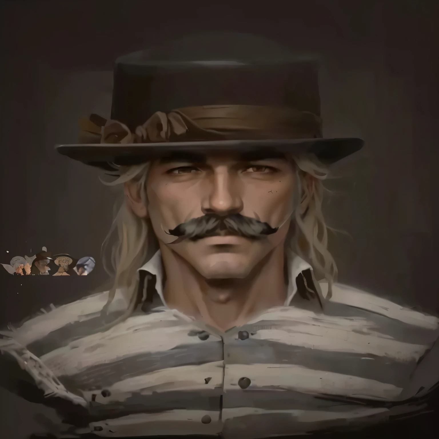 painting of a man with a mustache and a hat, inspired by James Bolivar Manson, from the game pathologic 2, artwork of pedro bell, character with a hat, 🌻🎹🎼, archwizzard in a hat, jean giraud portrait, 2d, 2 d, caracter with brown hat, gyro zeppeli, Ink painting style