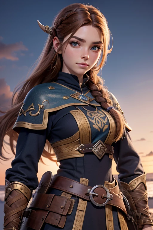 (Obra maestra, La mejor calidad) young 18 year old woman of Nordic descent, vestuario de guerrera  vikinga , Cabello largo, ojos azules, cabello rubio, brown hair, tenencia, boca cerrada, Parte superior del cuerpo, arma, trenza, al aire libre, tenencia arma, armadura vikinga, ropa vikinga, realista.