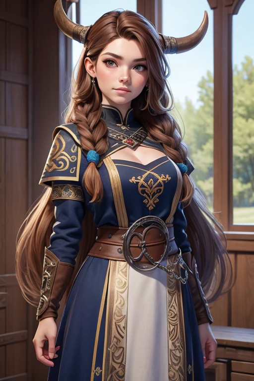 (Obra maestra, La mejor calidad) young 18 year old woman of Nordic descent, vestuario de guerrera  vikinga , Cabello largo, ojos azules, cabello rubio, brown hair, tenencia, boca cerrada, Parte superior del cuerpo, arma, trenza, al aire libre, tenencia arma, armadura vikinga, ropa vikinga, realista.