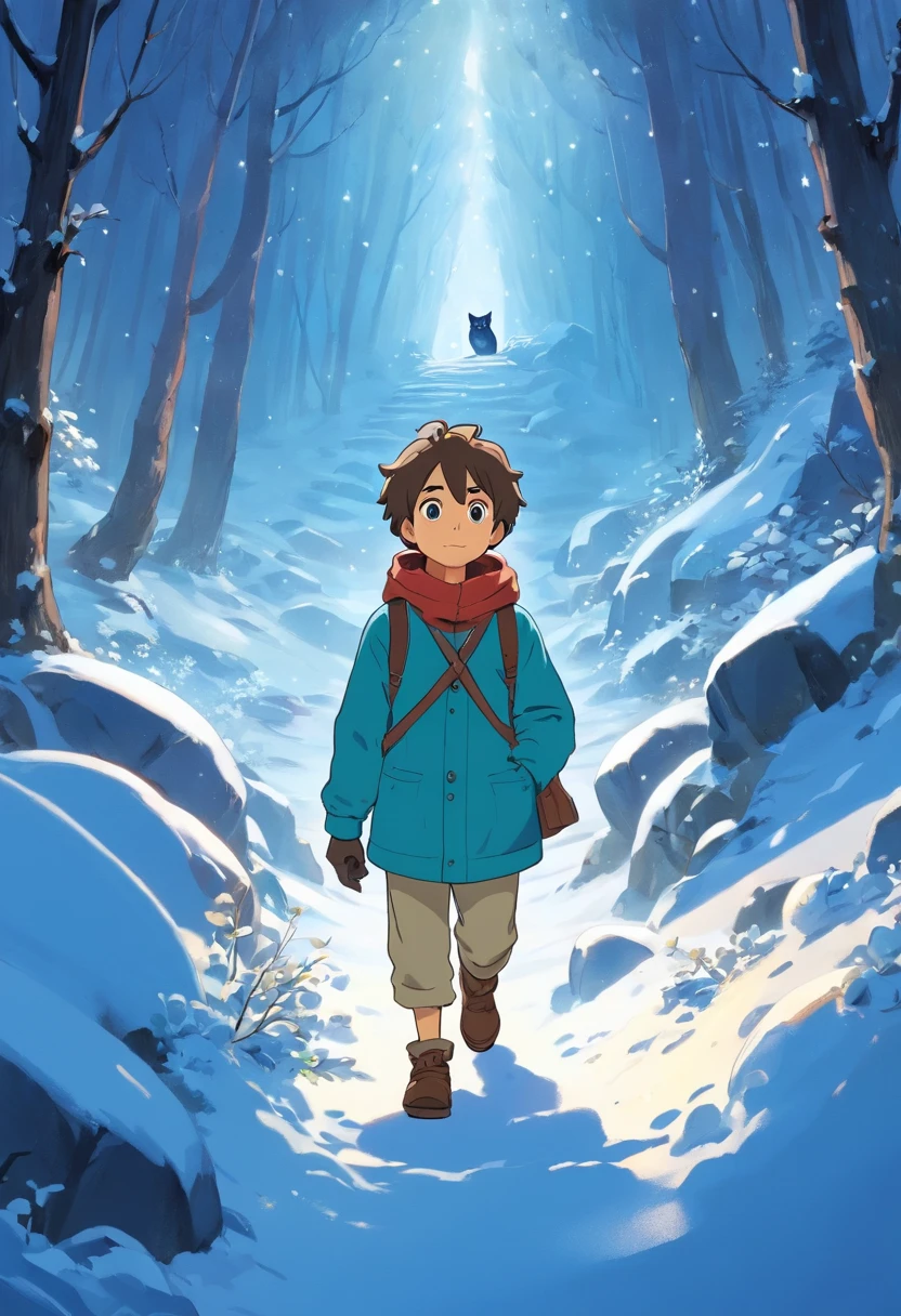 avec son chat, excentrique, qui cherche des diamands dans les montagnes enneigées. Neige, froid, tempête de neige, Luminosité Claire obscure. Trésor perdu.