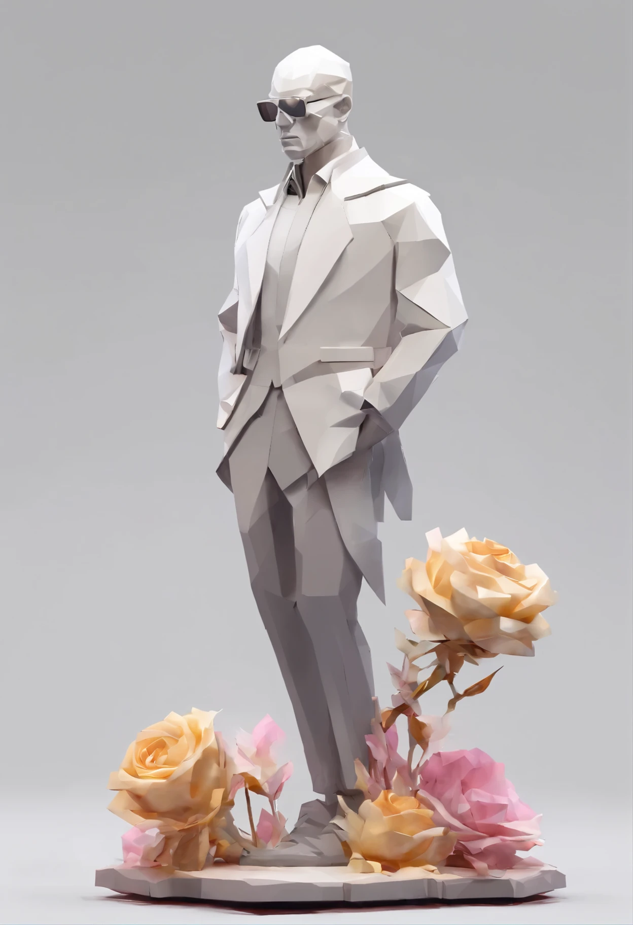 Perfect alignment, Sand monk in jacket,Crystal Vase,Roses, Wearing sunglasses, cheerfulness, Standing position, abstract beauty, Centered, look at the camera, towards the camera, approaching perfection, dynamic, very detailed, Smooth, sharp focus, 8K, high resolution resolution, figure, art:Carne Griffiths and Wadim Kashin, white background