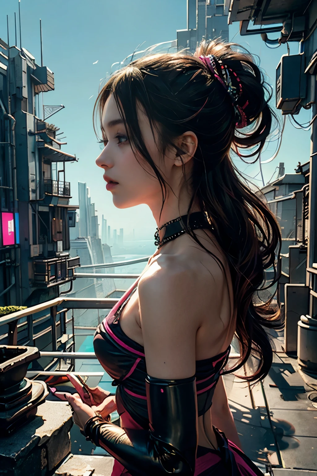 Uma belissima garota japonesa ciborgue, cyberpunk corpo lindo, peitos medios, belo quadril, partes mecanicas, cabelo medio, intincado detalhado, luzes neon, side view of the back looking at the viewer, on a luxurious terrace, vista de fundo predios futuristas da cidade