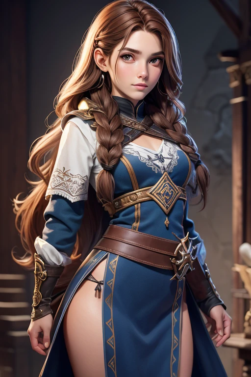 (Obra maestra, La mejor calidad) young 18 year old woman of Nordic descent, vestuario de guerrera, Cabello largo, ojos azules, cabello rubio, brown hair, tenencia, boca cerrada, Parte superior del cuerpo, arma, trenza, al aire libre, tenencia arma, armadura vikinga, ropa vikinga, realista.